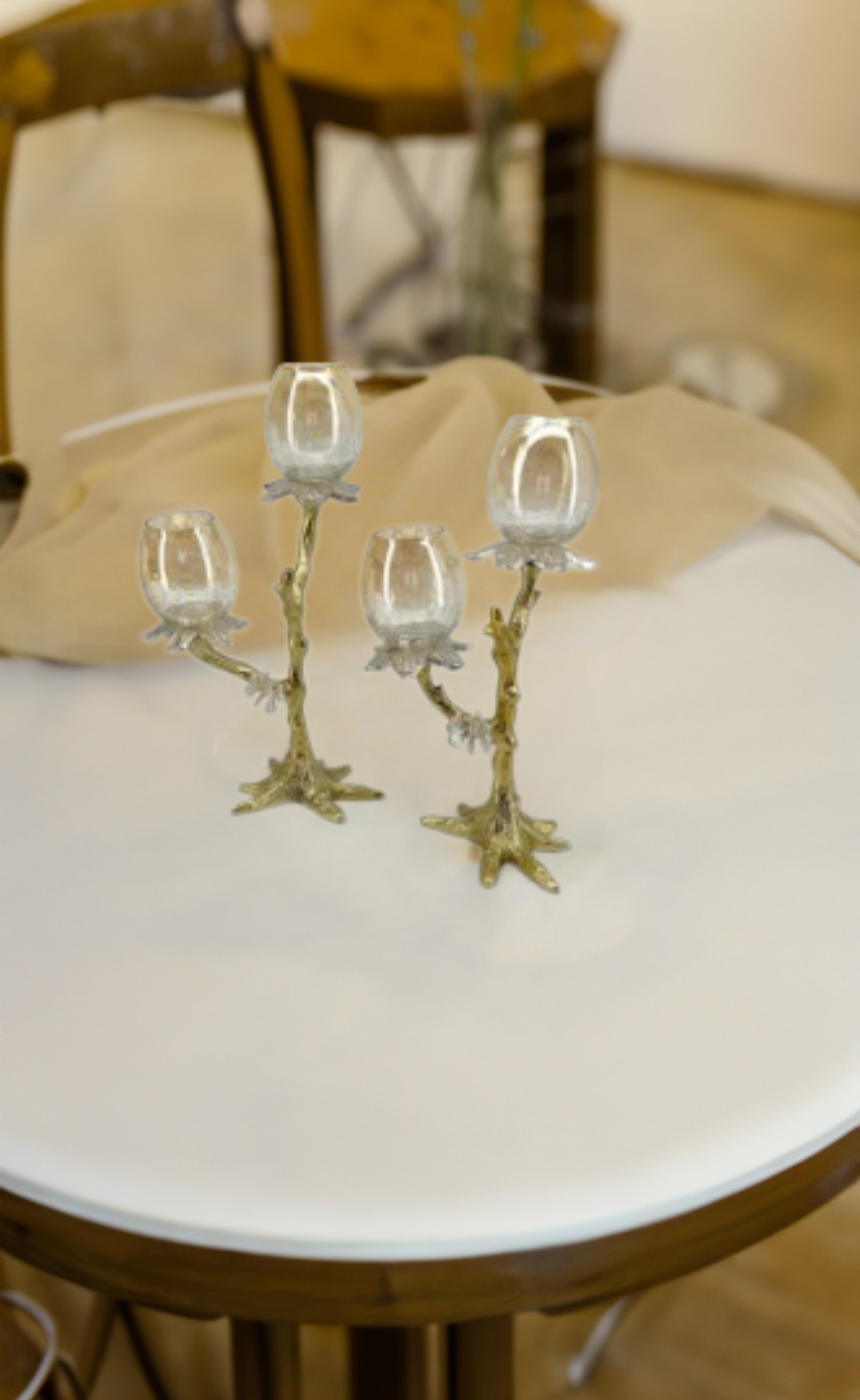 Shataj Decorative Aluminum Candle Stand with Glass in Gold