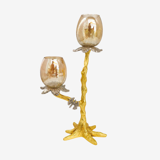 Shataj Decorative Aluminum Candle Stand with Glass in Gold