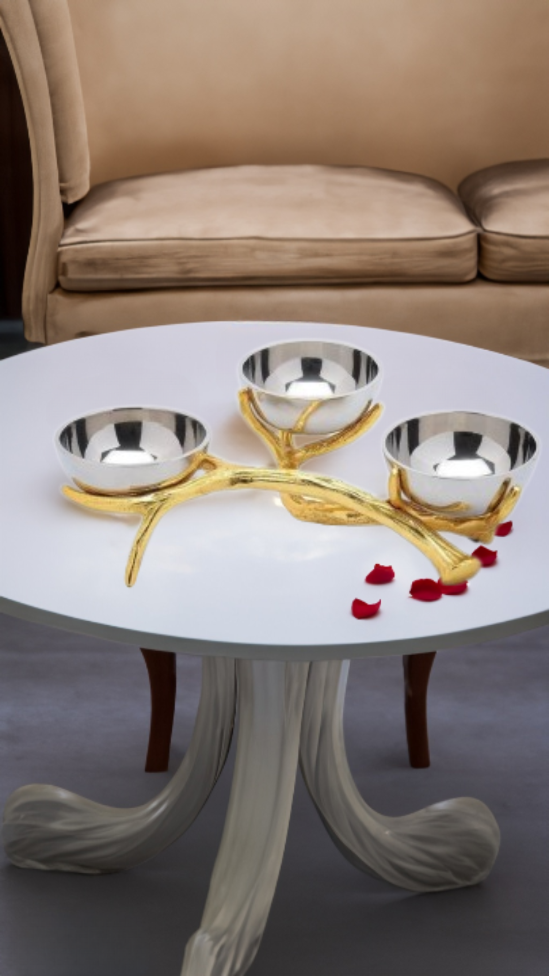 Shataj Decorative aluminum 3 bowls set with antique stand in gold and silver finish