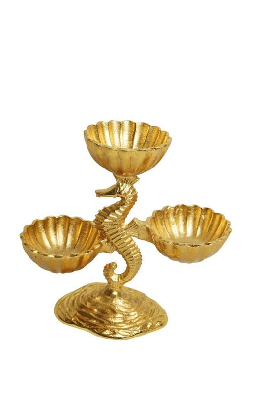 Shataj Decorative 3 Pot Sea Horse Dry Fruit Stand aluminum in gold finish