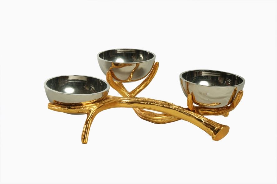 Shataj Decorative aluminum 3 bowls set with antique stand in gold and silver finish