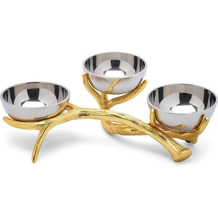 Shataj Decorative aluminum 3 bowls set with antique stand in gold and silver finish