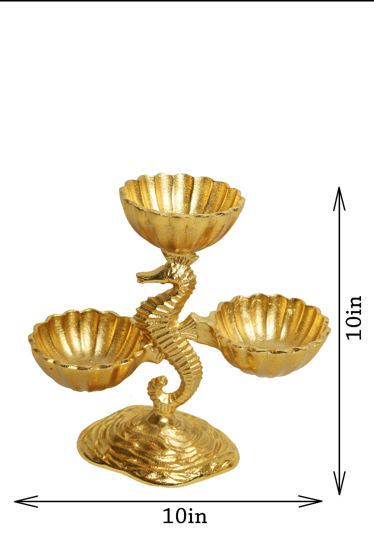 Shataj Decorative 3 Pot Sea Horse Dry Fruit Stand aluminum in gold finish